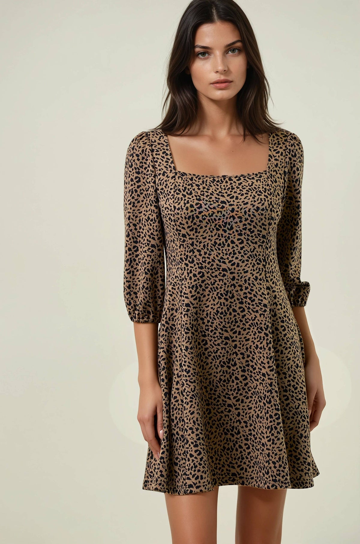 ANIMAL PRINT KNIT SQUARE NECK MINI DRESS