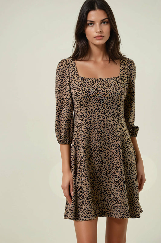 ANIMAL PRINT KNIT SQUARE NECK MINI DRESS