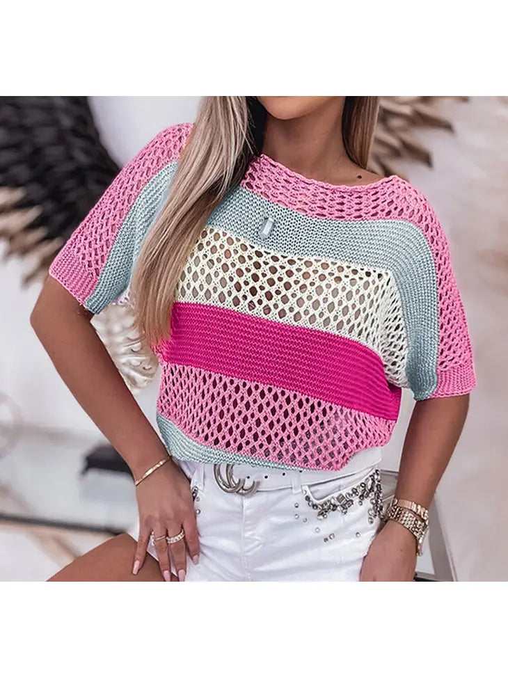 Colorblock Crochet Knit Top