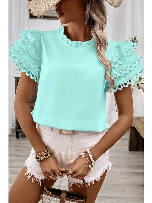 Layered Ric Rac Cap Sleeve Frilled Neck Blouse