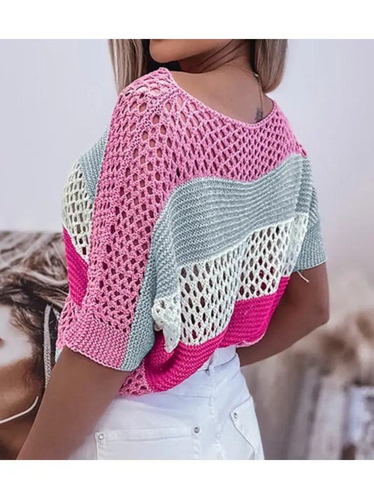 Colorblock Crochet Knit Top