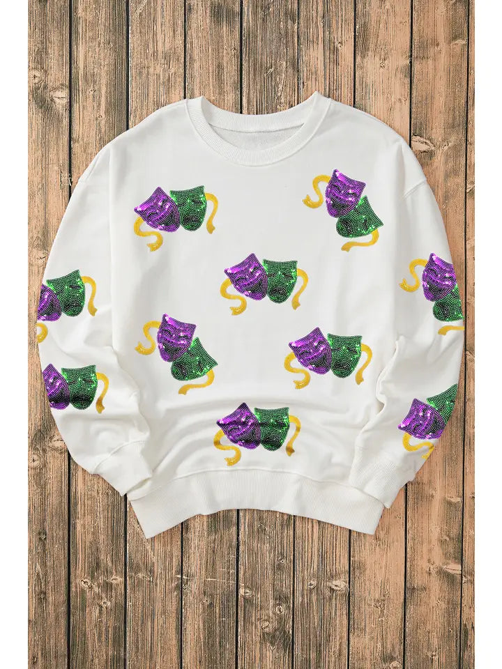 Sequined Mardi Gras Mask Pattern Sweatshirt - The Season Boutique