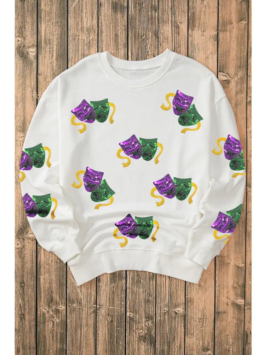 Sequined Mardi Gras Mask Pattern Sweatshirt - The Season Boutique
