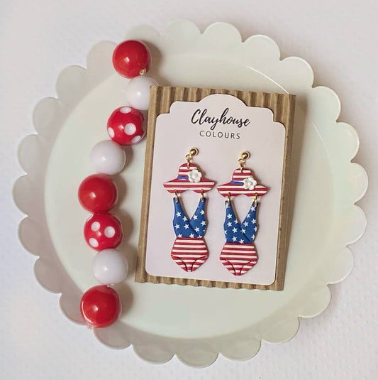 Red, White & Blue Clay Earrings: Bathing Suit