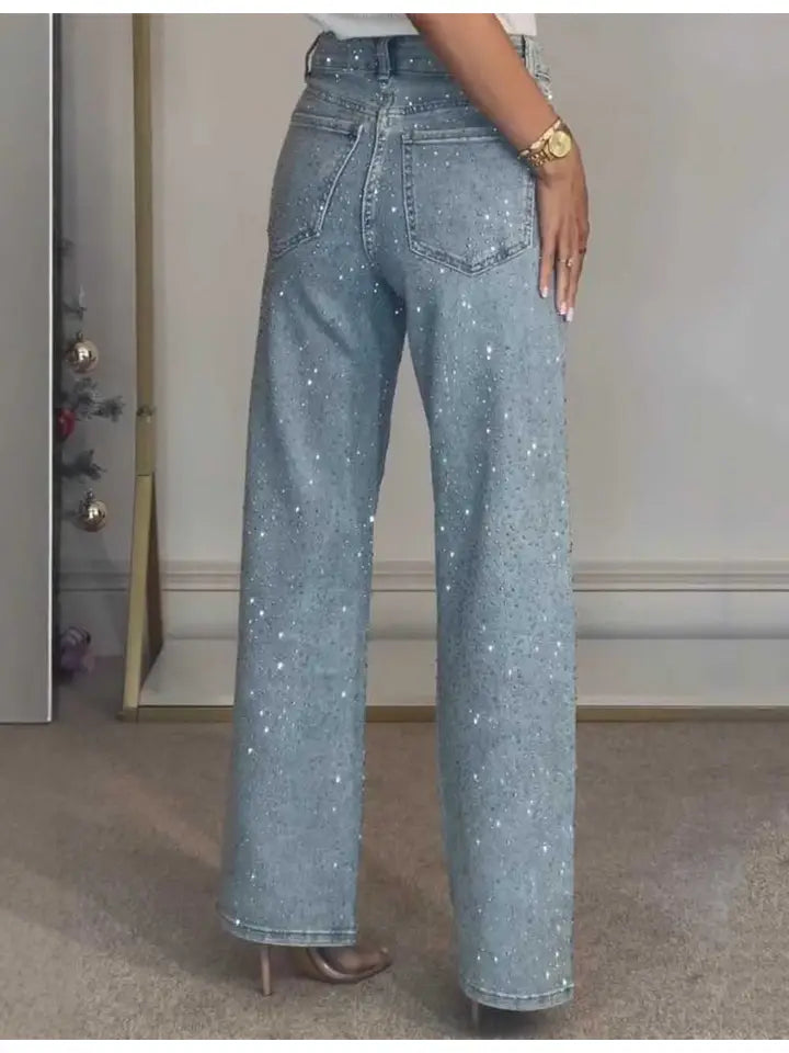 Rhinestone Button Pocket Straight Denim Pants - The Season Boutique