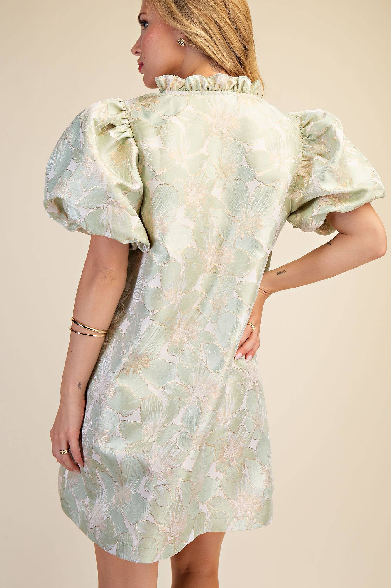 Ruffle V-Neck Puff Sleeve Mini Dress Sage