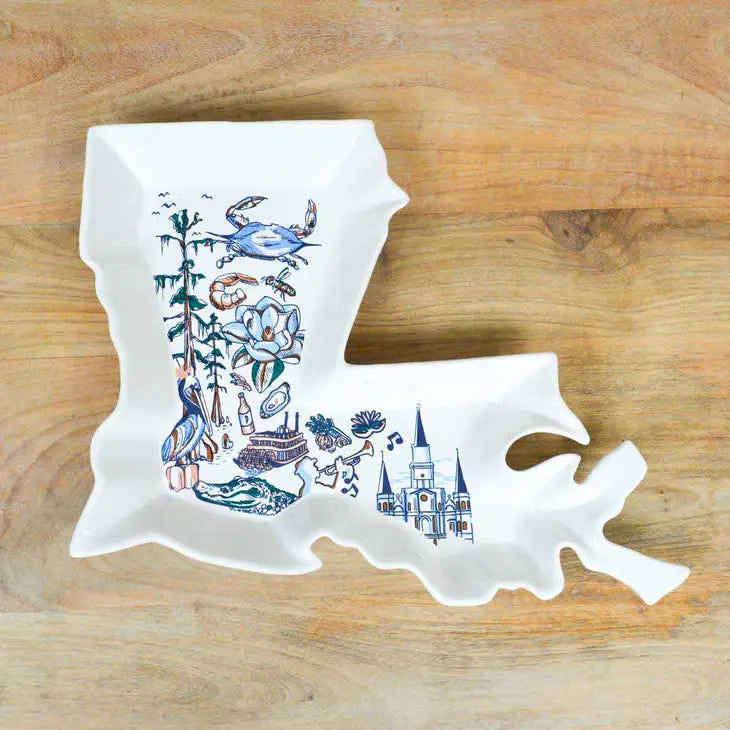 Louisiana Love State Shaped Platter White/Multi 16"