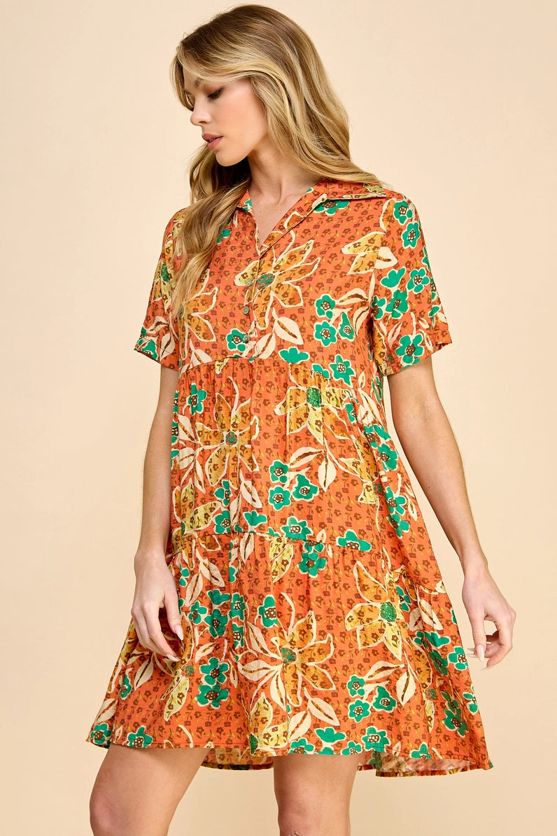 Three Layered V Neck Floral Printed Dress with Buttons