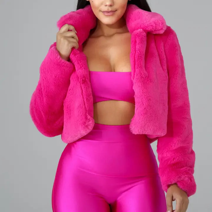 Loose Faux Fur Cardigan Bomber Jacket Fleece Coat - Rose