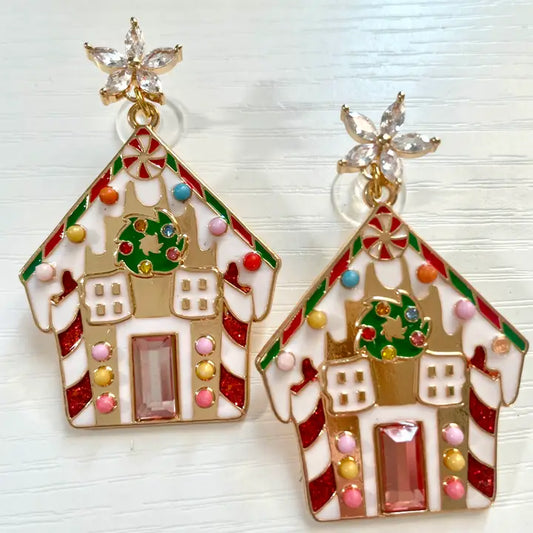 Colorful Gingerbread House Metal Christmas Earrings
