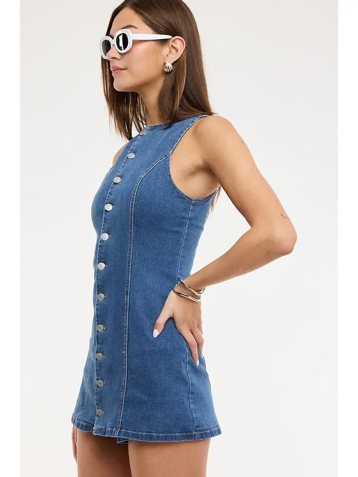 Denim Boat Neck Button Down Mini Dress - The Season Boutique