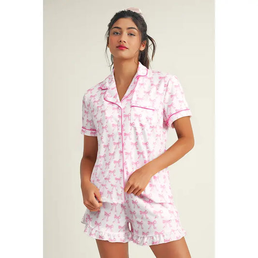 LDC Bowknot Short Sleeve Ruffled Short PJ Set