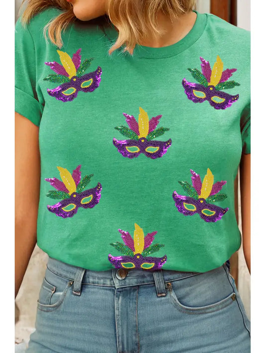 Sequin Mardi Gras Mask Patched Pattern Crewneck Tee