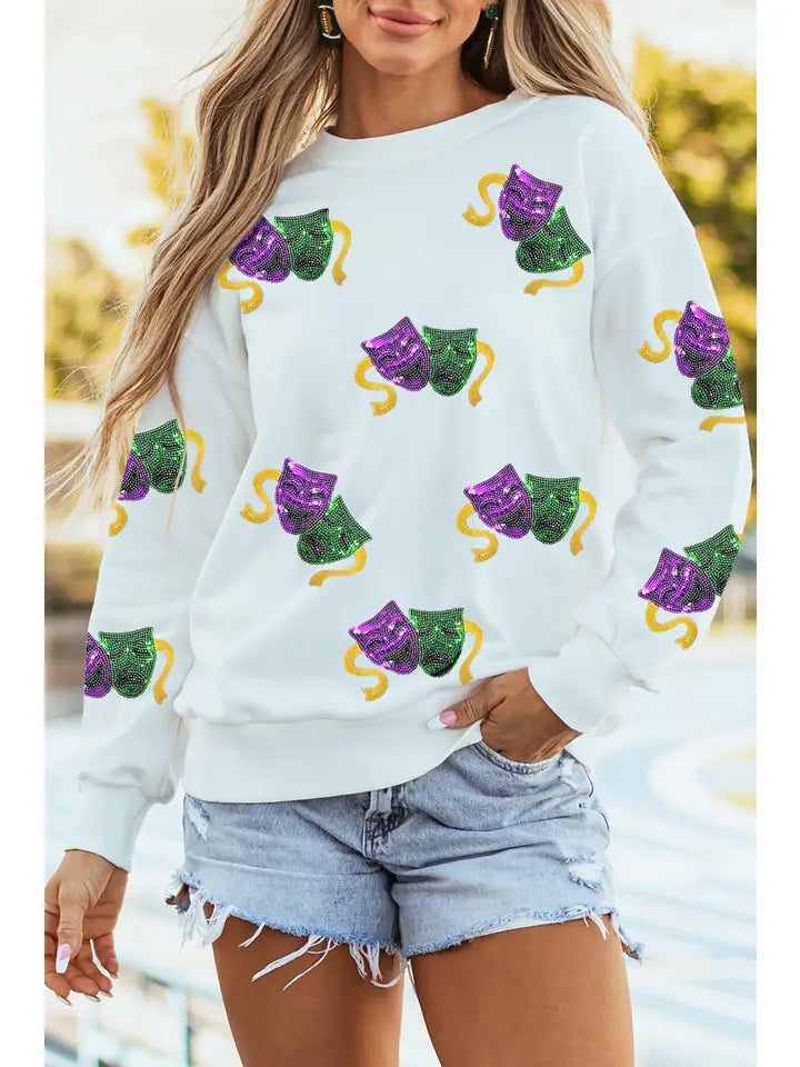 Sequined Mardi Gras Mask Pattern Sweatshirt - The Season Boutique