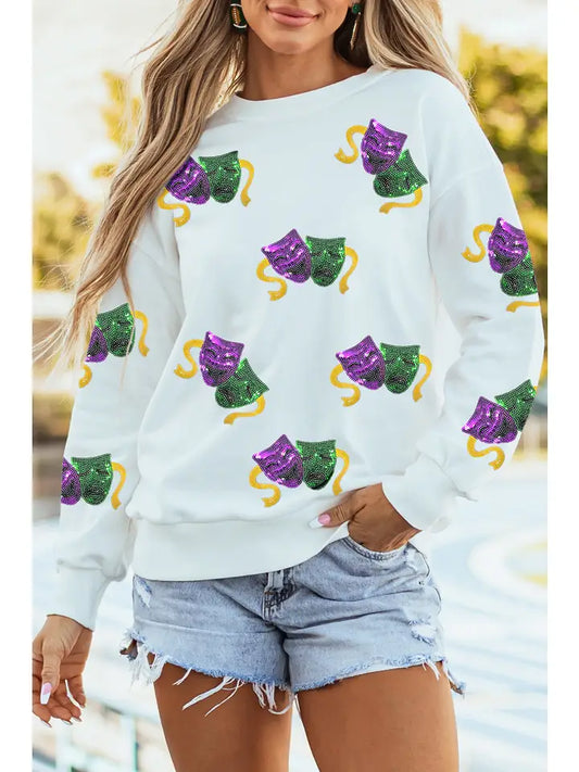 Sequined Mardi Gras Mask Pattern Sweatshirt - The Season Boutique