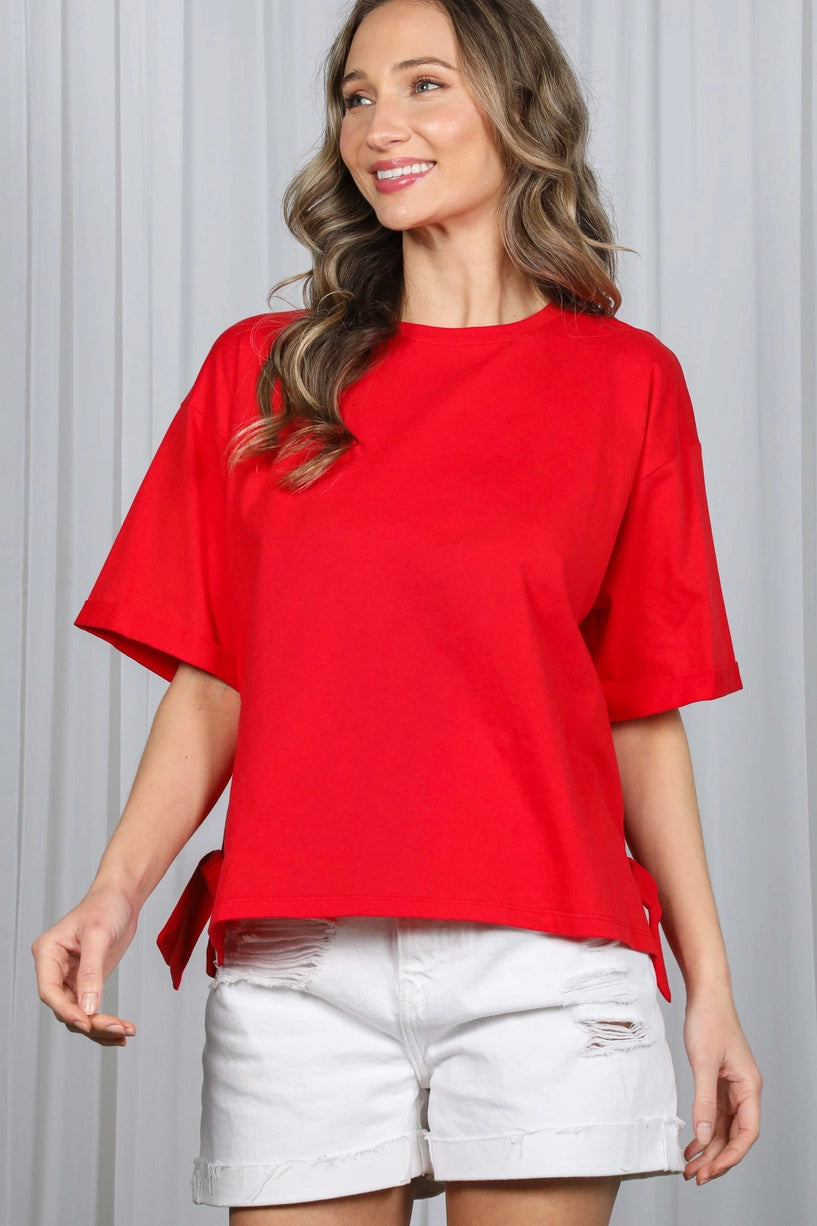 Bow with Side Slit Cotton Knit Top