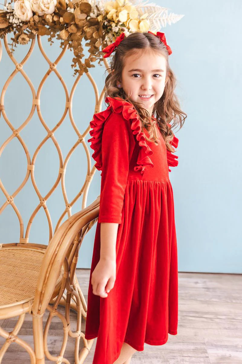 RED VELVET RUFFLE TWIRL DRESS - The Season Boutique