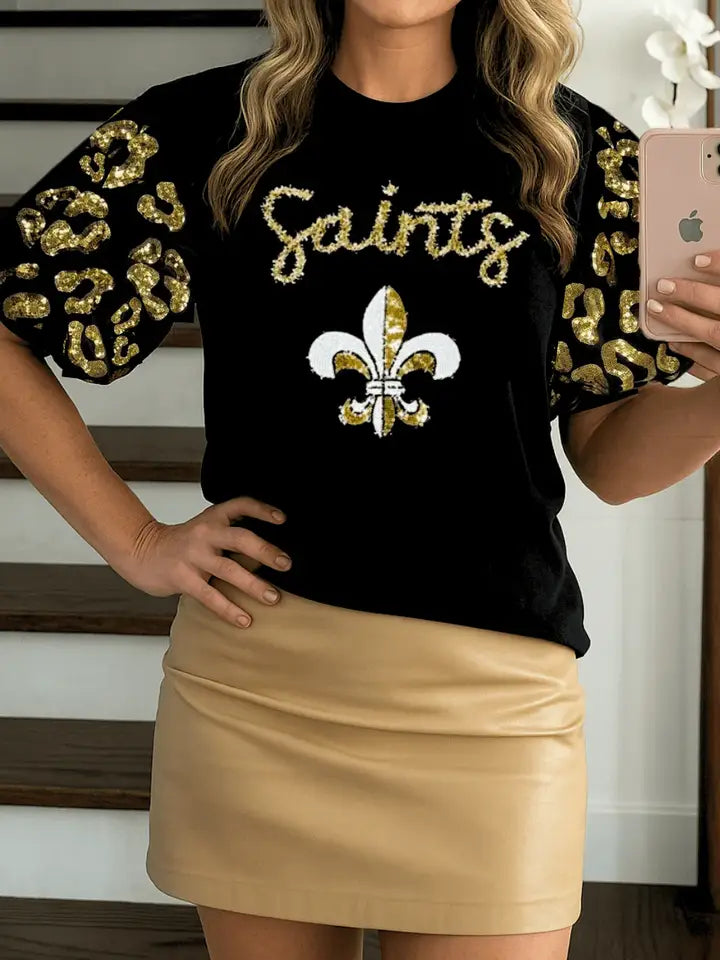 Black and Gold Gameday New Orleans Tinsel Script Top