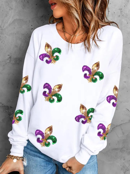 Sequin Mardi Gras Graphic Pullover Sweatshirt