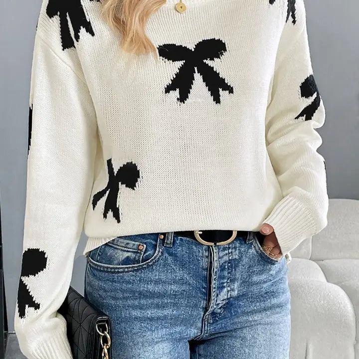 Neck Bow Jacquard Knit Sweater