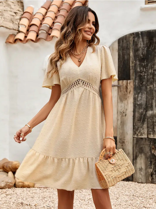 Swiss Dot V-Neck Crochet Trim Detail Dress