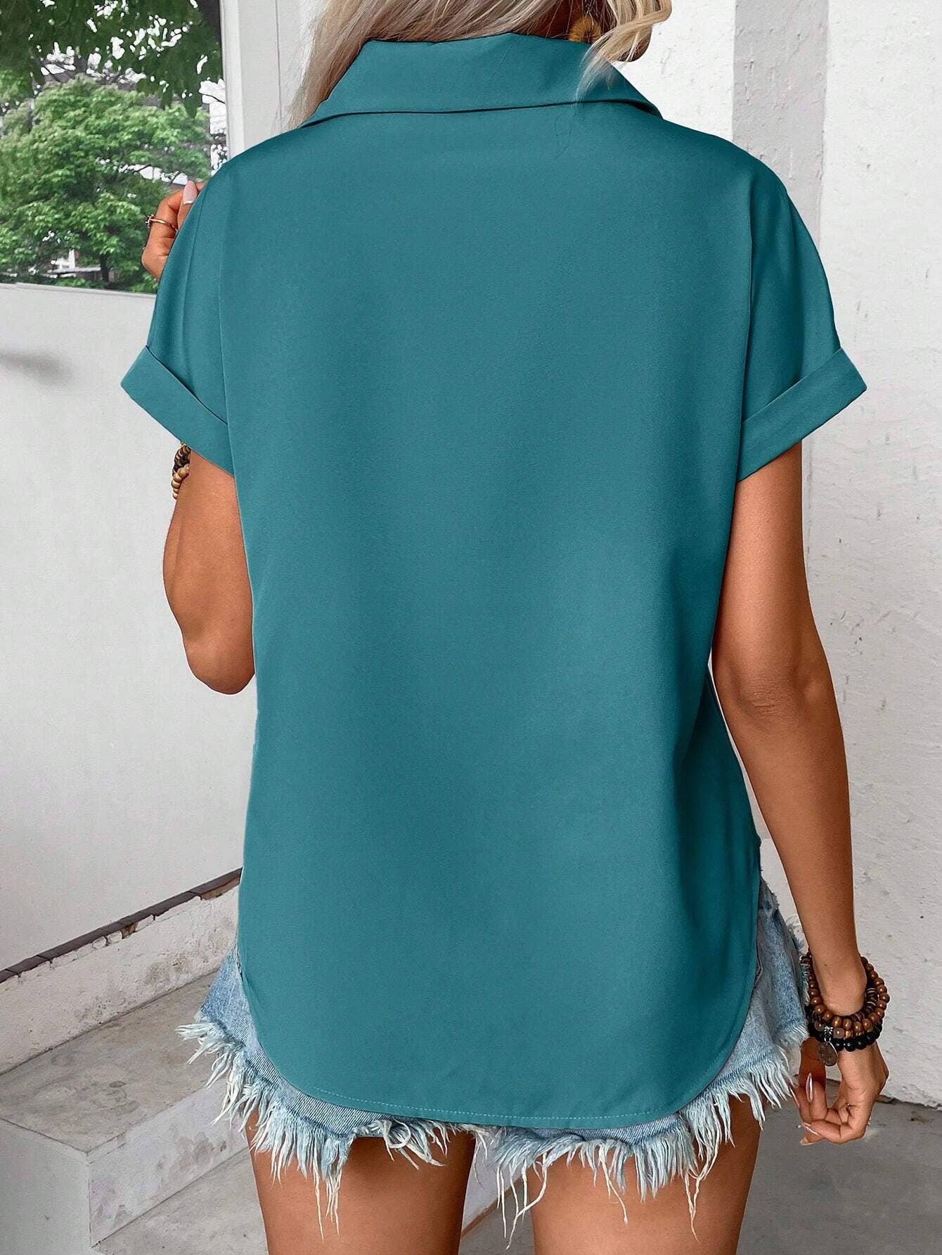 blue button down pleated top