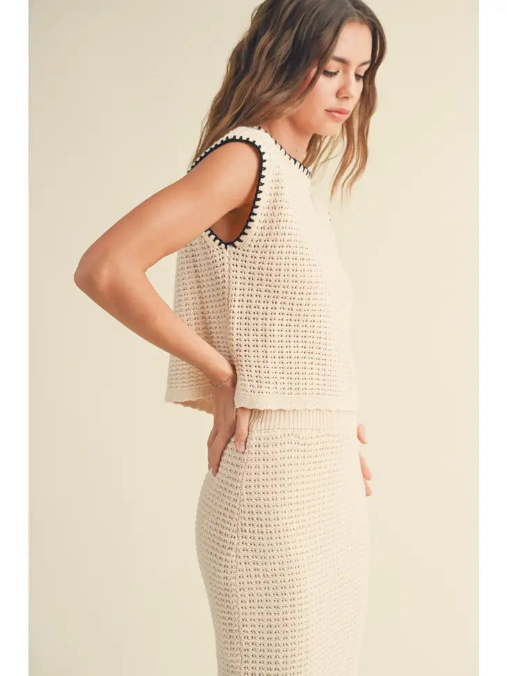 Crochet Knitted with Stitching Detail Top