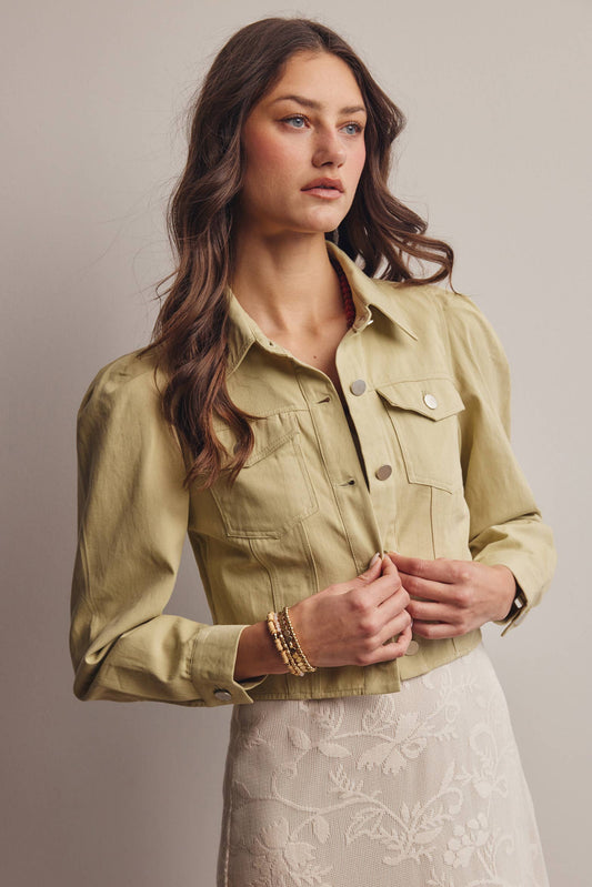 Lightweight Twill Puff-Sleeve Cropped Jacket - The Season Boutique
