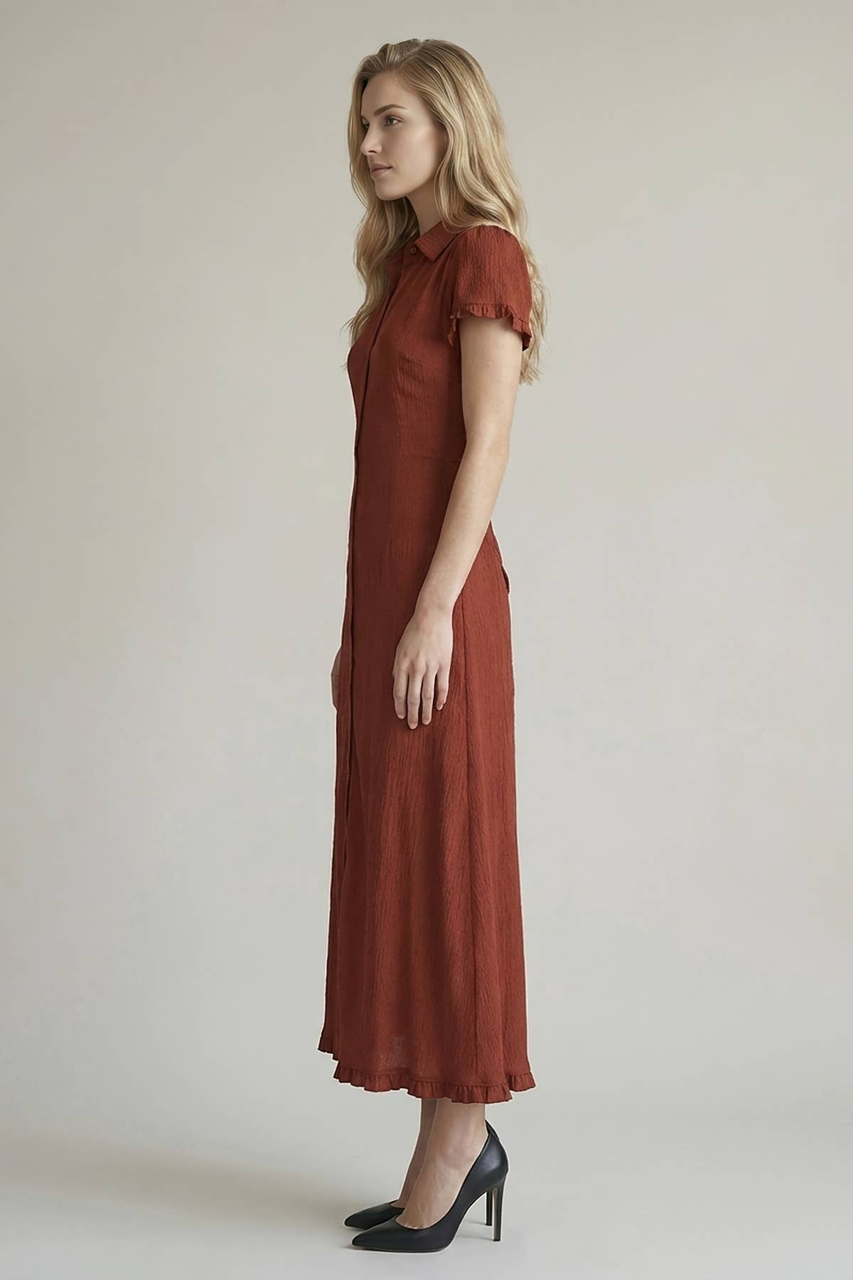 RUFFLE HEM MAXI BUTTON FRONT DRESS