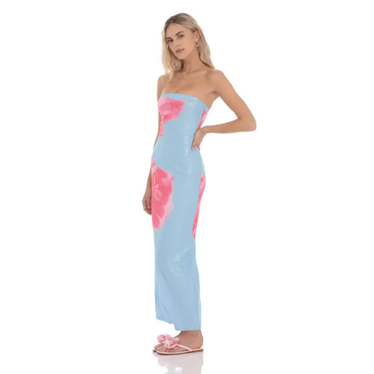 Floral Sequin Strapless Maxi Dress in Blue
