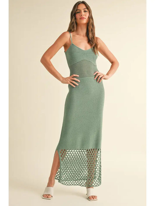 Net Pattern on Bottom Knitted Dress- Sage