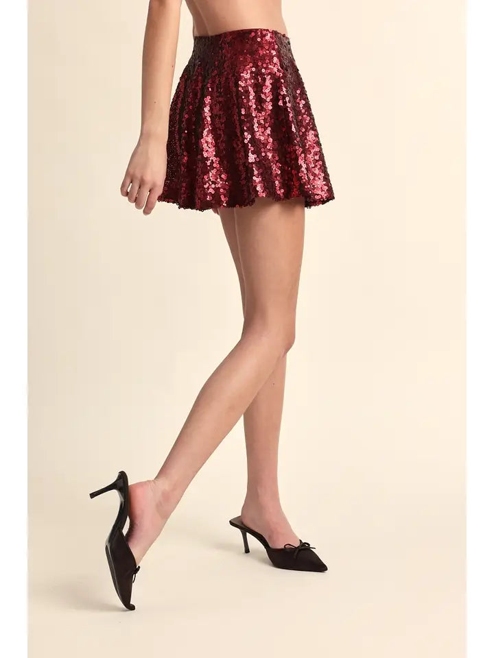 Holiday Shiny High Waist Pleated Mini Skirt-Maroon