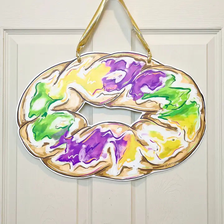 Bright King Cake Mardi Gras Door Hanger New Orleans Decor