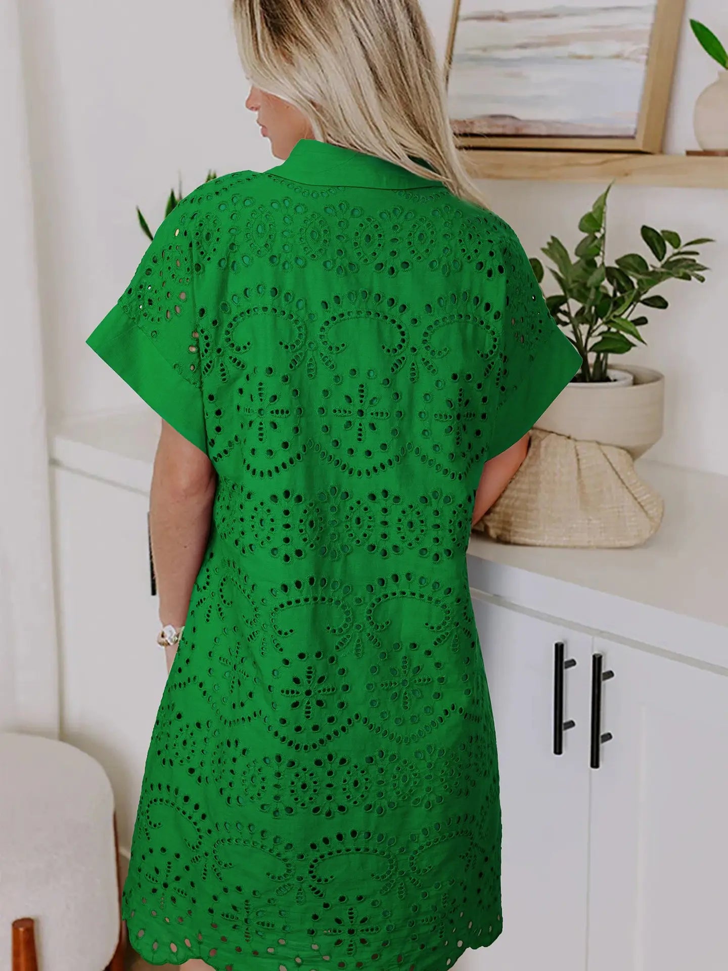 Green Solid Color Eyelet Embroidered T Shirt Mini Dress