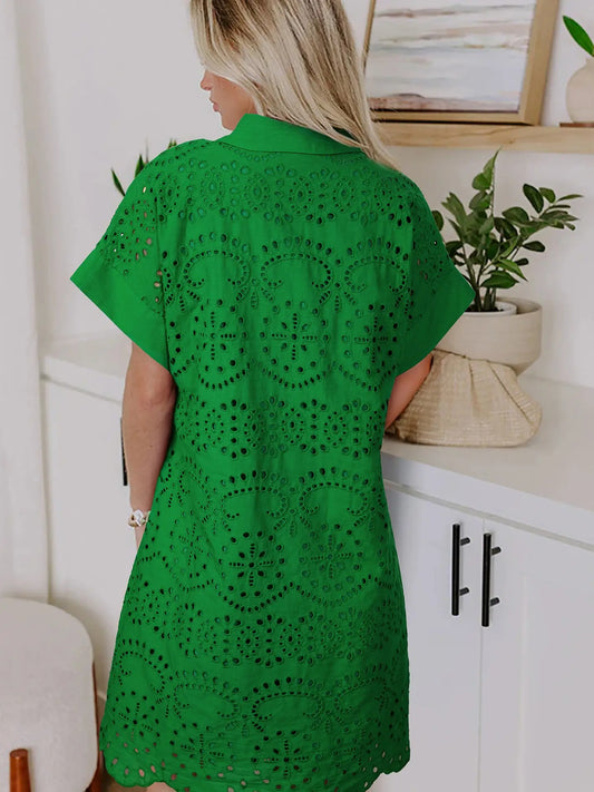 Green Solid Color Eyelet Embroidered T Shirt Mini Dress
