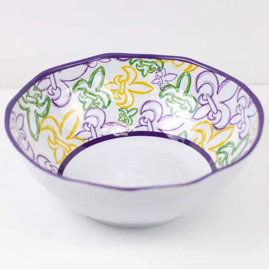 St. Charles Fleur De Lis Melamine Bowl White/Purple/Yellow/Green 11"