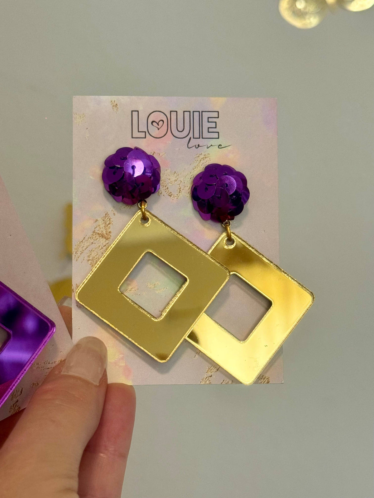 Gold Mirror + Purple Topper Earrings