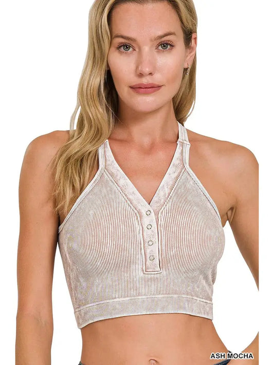 Washed Ribbed Cropped Button Tank