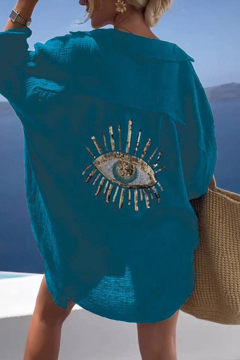 Eye Embellished Casual Blouse: WHITE