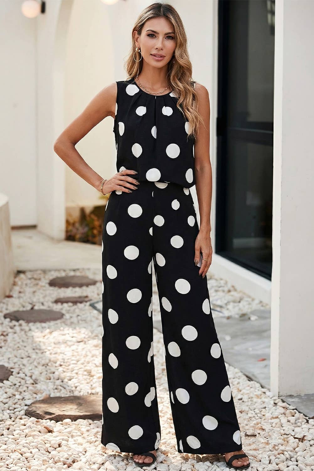 Pleated Polka Dot Tank and Wide Leg Set