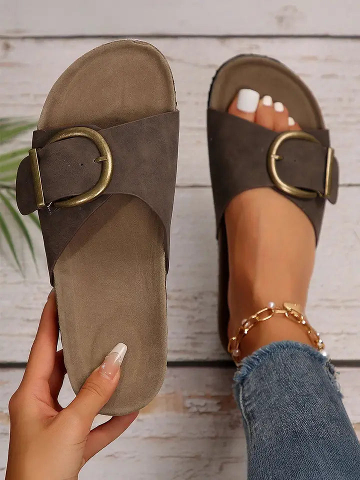 Buckle Decor Faux Suede Thick Sole Slippers