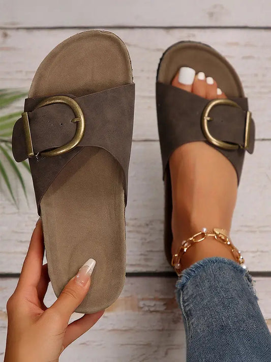 Buckle Decor Faux Suede Thick Sole Slippers