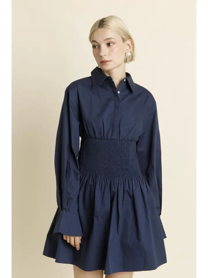 Smocked Mini Shirt Dress Navy