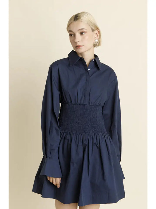 Smocked Mini Shirt Dress Navy