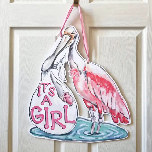 It's A Girl Spoonbill Door Hanger - Southern Baby Welcome