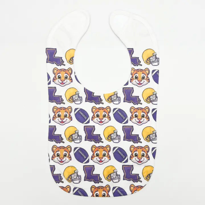 Purple and Gold Baby Tiger Football Baby Bib