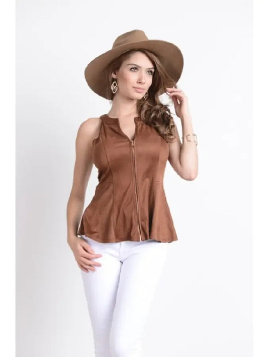 Sleeveless Zip Up Suede Peplum Top