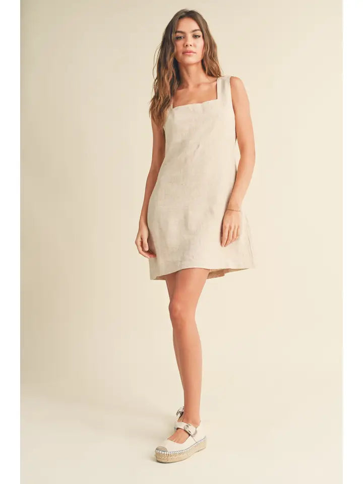 Linen Square Neck Pattern Mini Dress