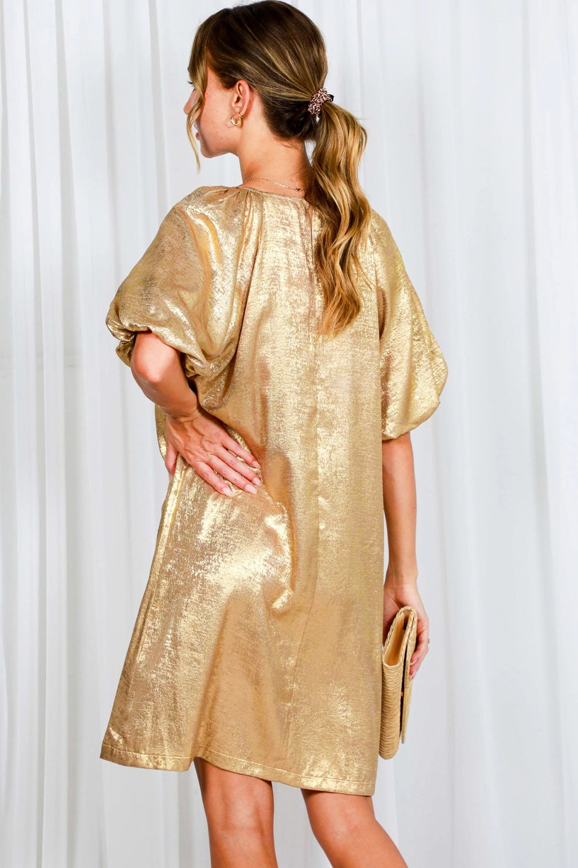 Boat Neck Metallic Foil A-Line Knee Dress