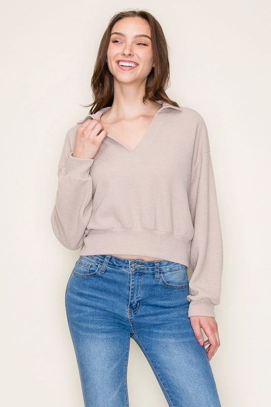 L/S Collared Crop Knit Top
